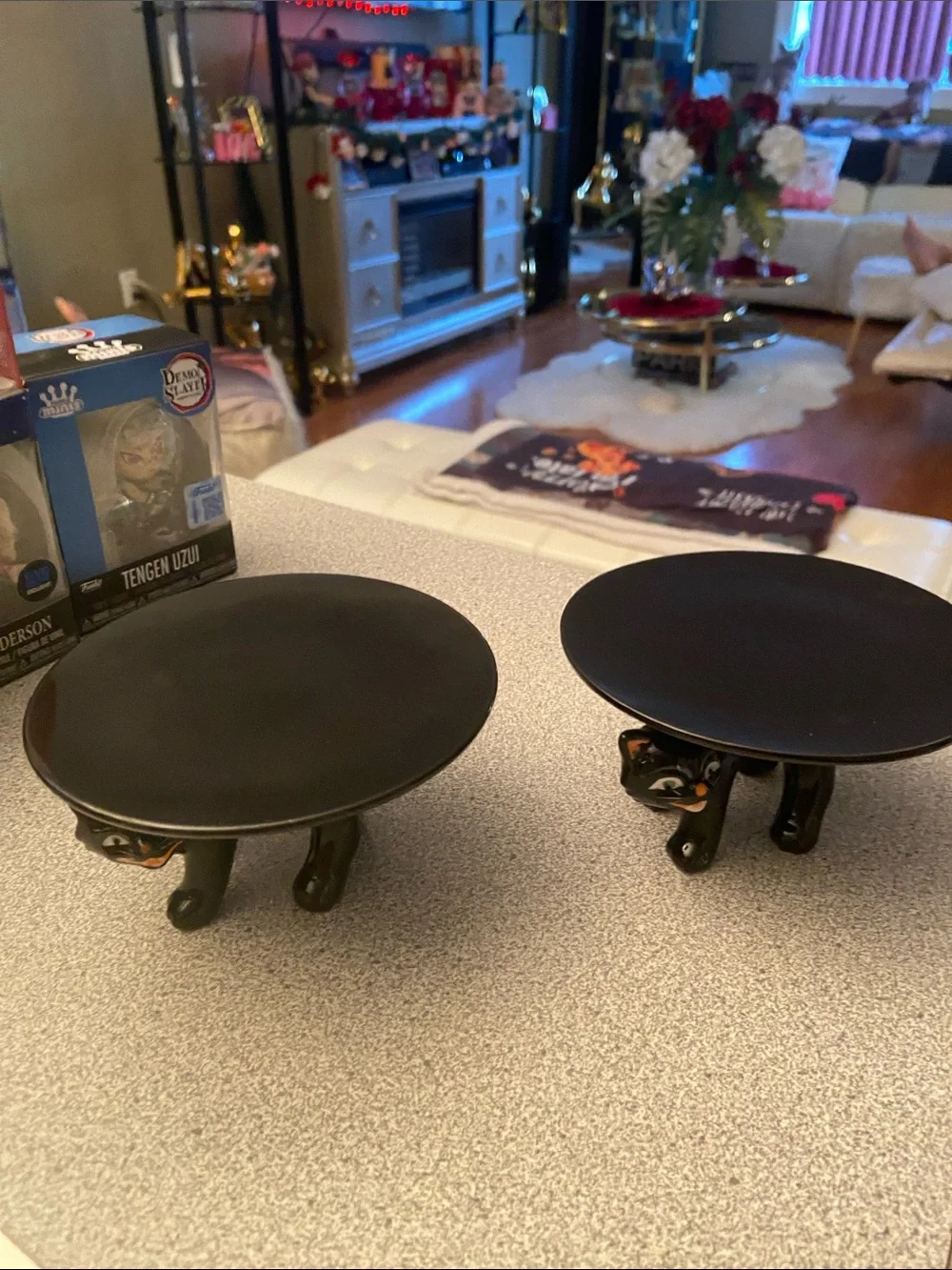 Black Ceramic Cat Dessert Stands - Pair